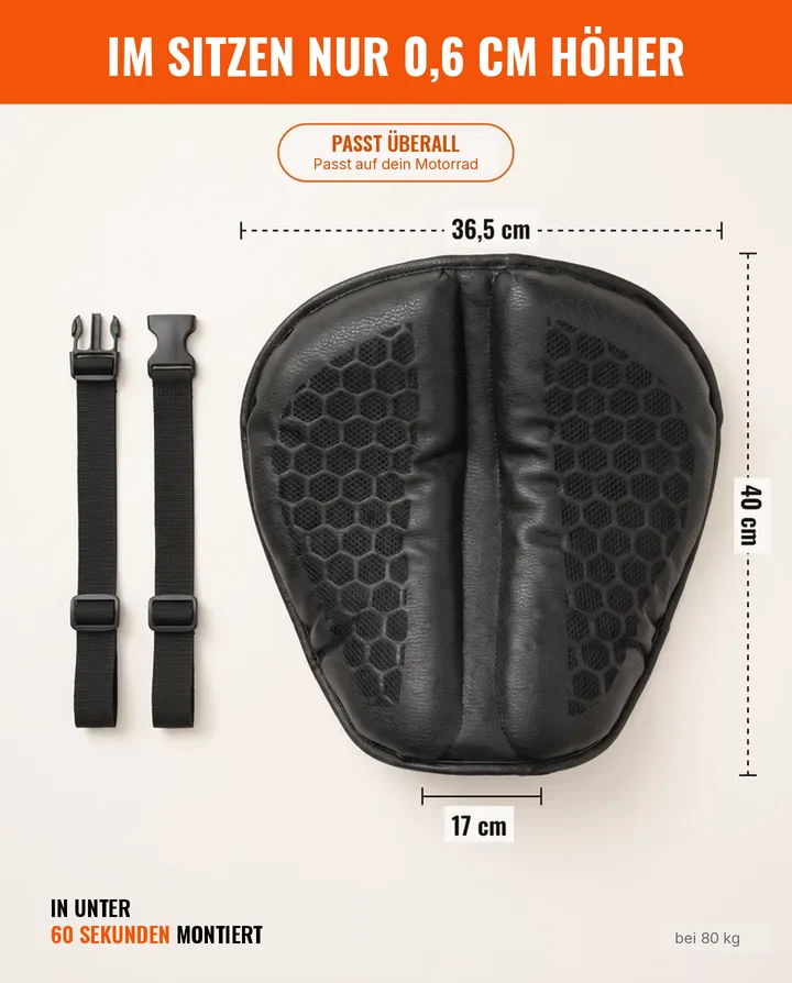 Masse: 40 cm × 36,5 cm × 17 cm. Im Sitzen nur 0,6 cm höher, bei 80 kg