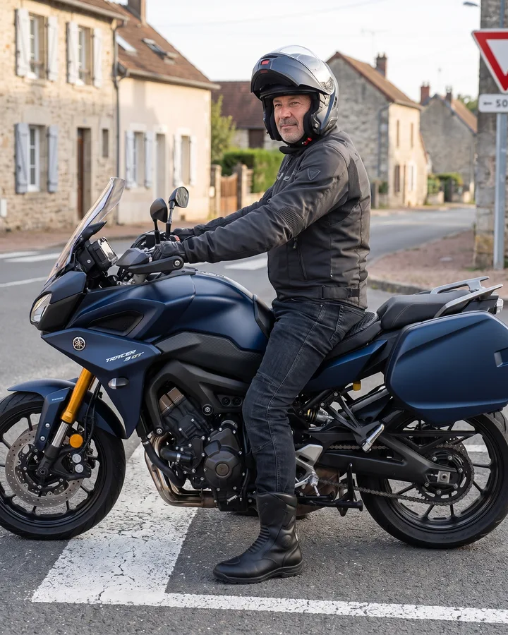 Biker an einem Stoppsignal, beide Füsse flach auf dem Boden, mit dem SelleZen-Kissen auf der Sitzbank