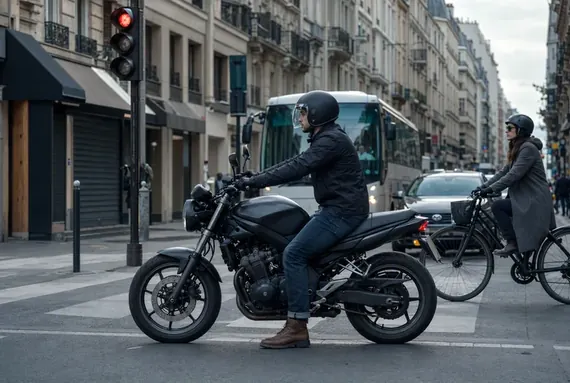 Motorrad an einem Rotlicht in der Stadt, kurze Strecke